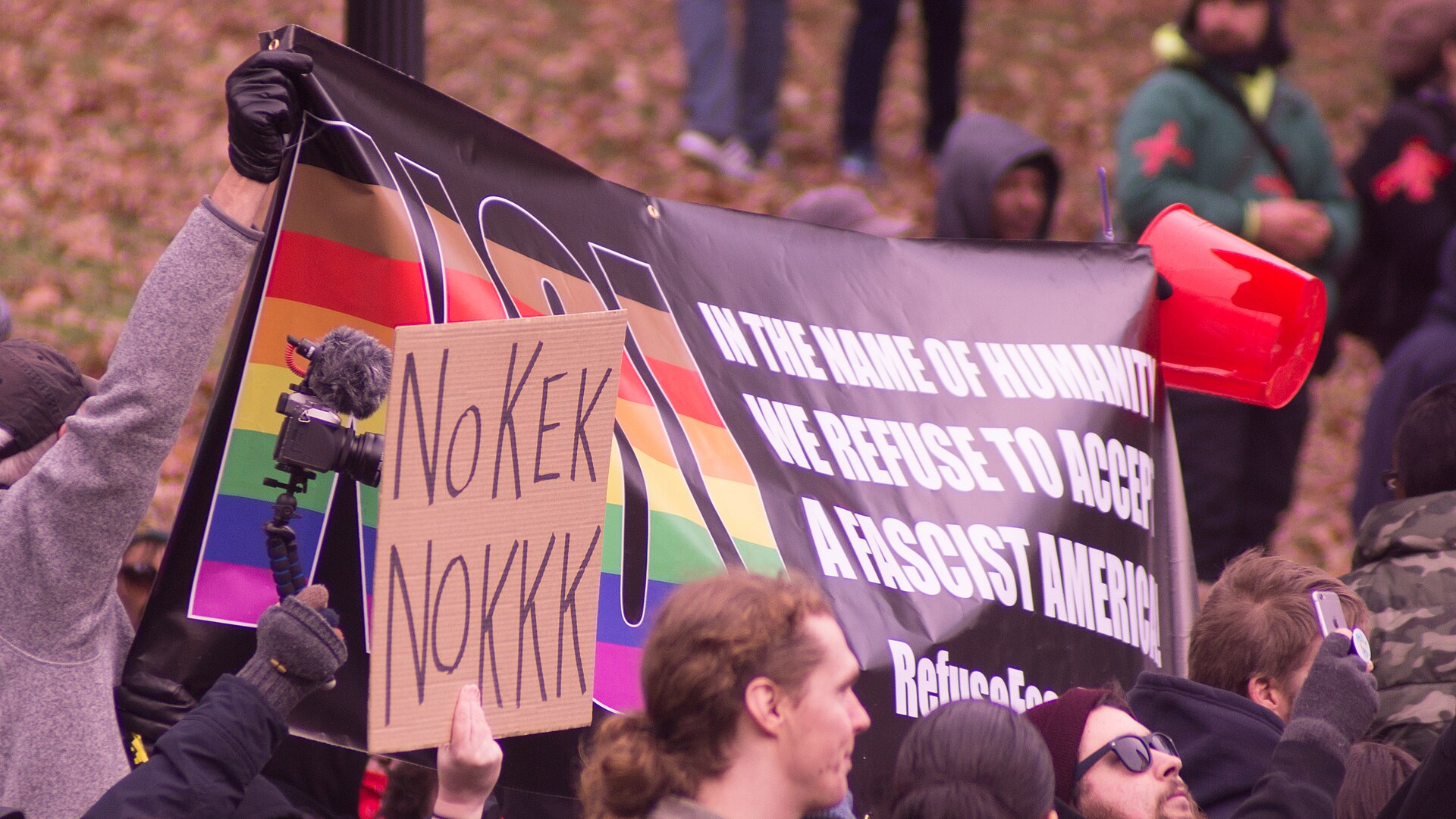 The reception. A hand-lettered placard at a Boston Common rally, 18 November 2017. Photo: Marc Nozell, CC BY 2.0, via Wikimedia Commons.